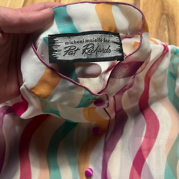 VINTAGE 80s Pat Richards Striped Chiffon Wrap Skirt Dress Sheer Rainbow Size 12 - Picture 3 of 8